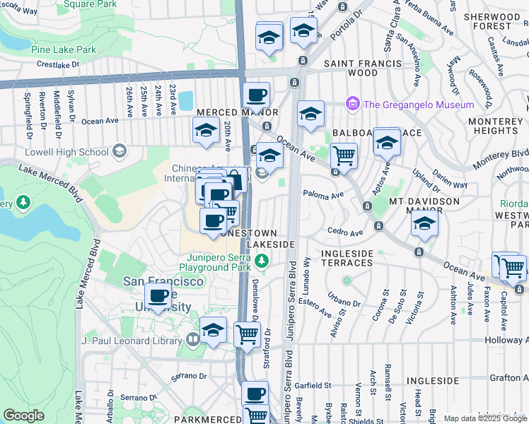 map of restaurants, bars, coffee shops, grocery stores, and more near 30 Broadmoor Drive in San Francisco