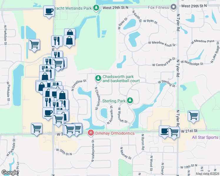 map of restaurants, bars, coffee shops, grocery stores, and more near 2448 North Chadsworth Court in Wichita
