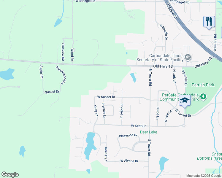 map of restaurants, bars, coffee shops, grocery stores, and more near 108 Gordon Lane in Carbondale