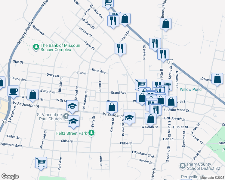 map of restaurants, bars, coffee shops, grocery stores, and more near 422 Grand Avenue in Perryville