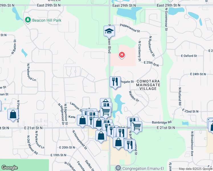 map of restaurants, bars, coffee shops, grocery stores, and more near 2455 North Woodlawn Boulevard in Wichita