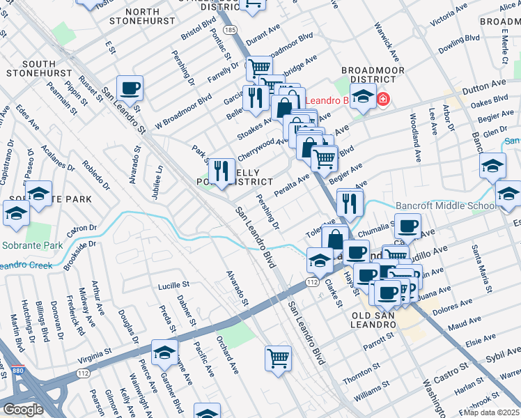 map of restaurants, bars, coffee shops, grocery stores, and more near 315 Peralta Avenue in San Leandro