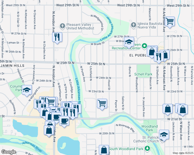 map of restaurants, bars, coffee shops, grocery stores, and more near 1601 West 24th Street North in Wichita