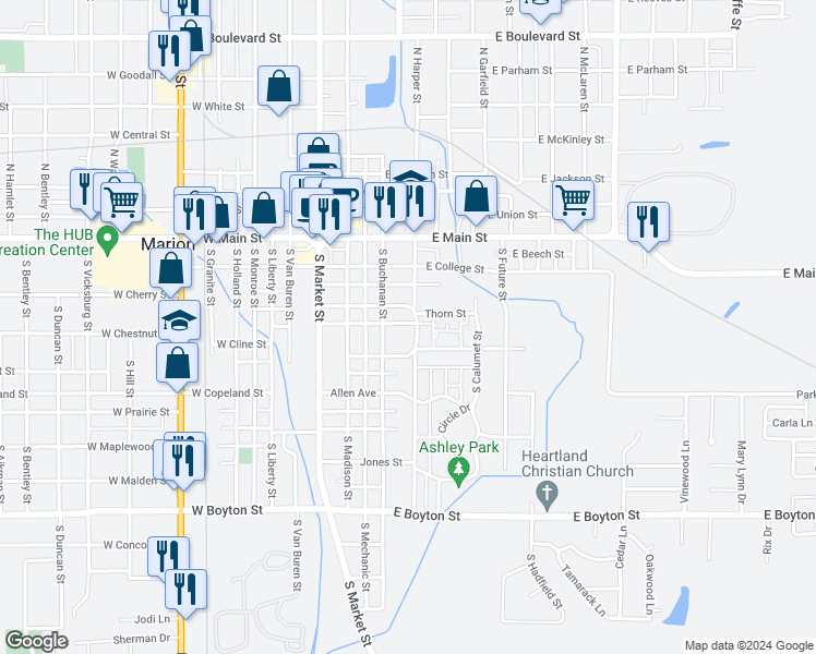 map of restaurants, bars, coffee shops, grocery stores, and more near 502 South Virginia Avenue in Marion