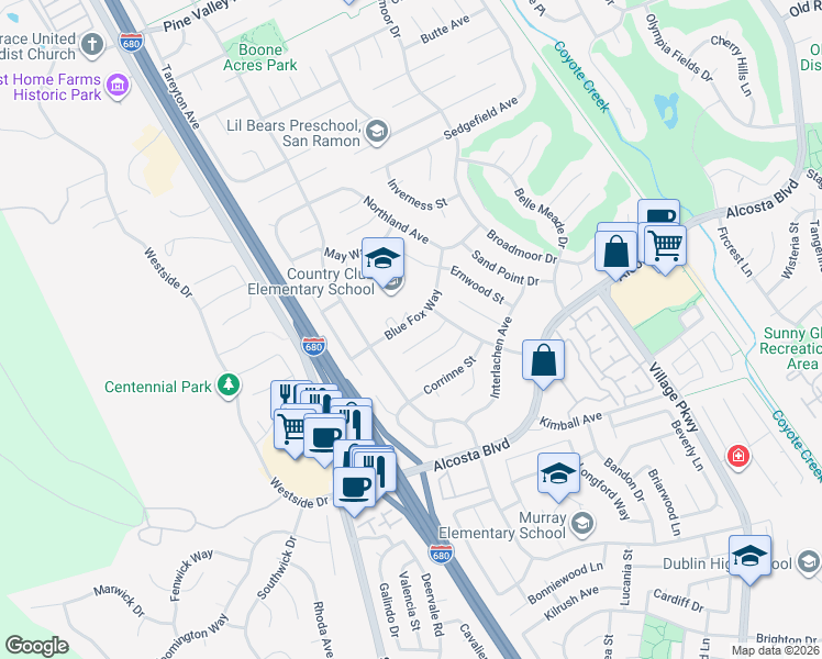 map of restaurants, bars, coffee shops, grocery stores, and more near 7527 Blue Fox Way in San Ramon