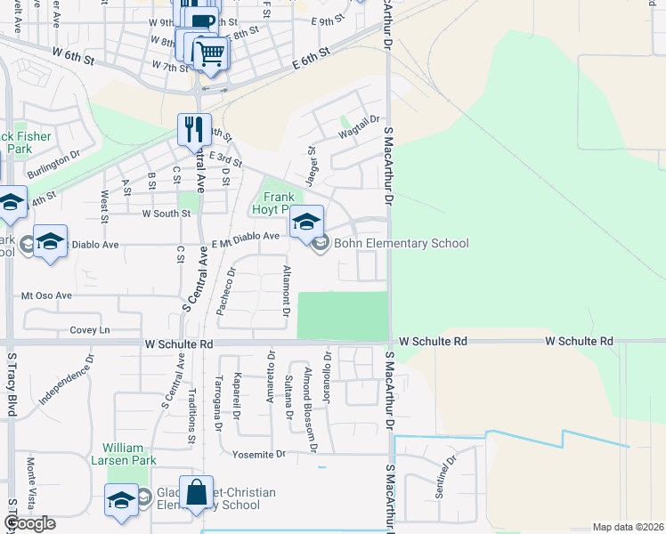 map of restaurants, bars, coffee shops, grocery stores, and more near 241 King Arthur Court in Tracy