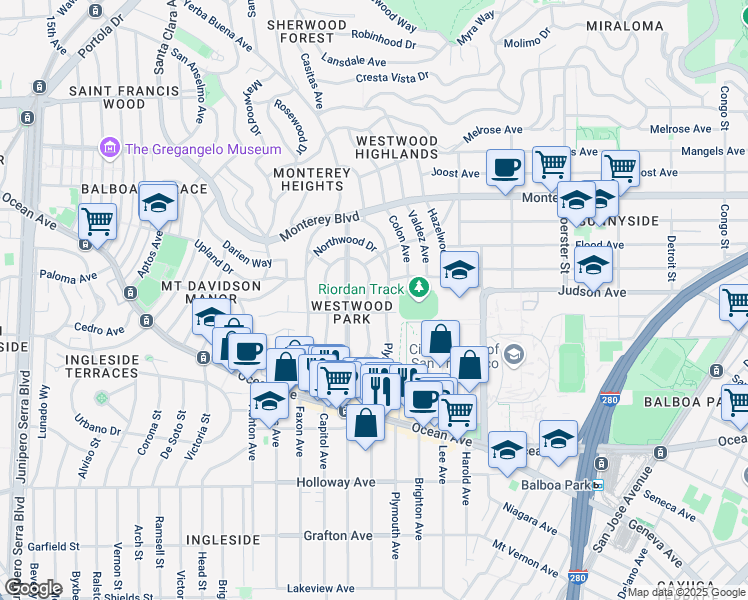 map of restaurants, bars, coffee shops, grocery stores, and more near 120 Eastwood Drive in San Francisco