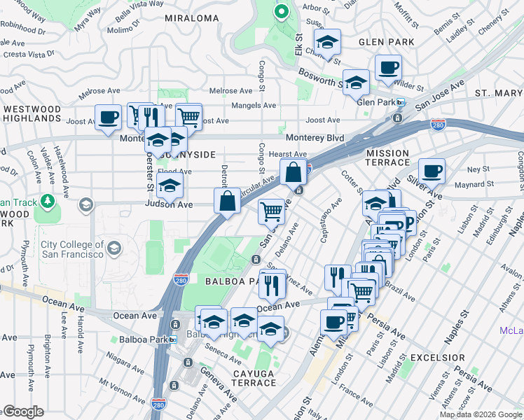 map of restaurants, bars, coffee shops, grocery stores, and more near 42 Paulding Street in San Francisco