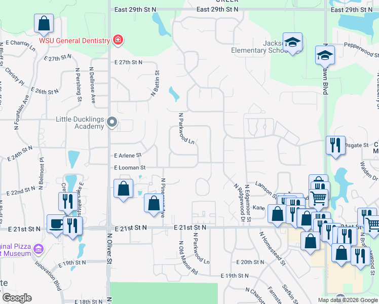map of restaurants, bars, coffee shops, grocery stores, and more near 5406 East Arlene Street in Wichita