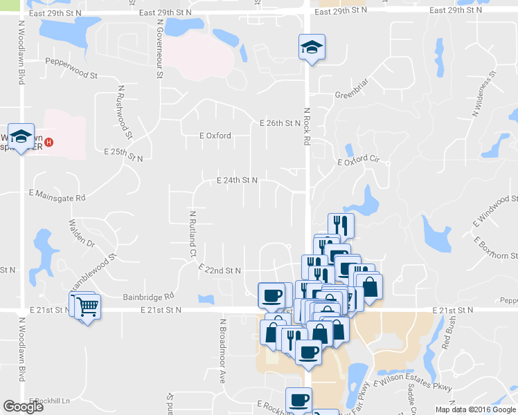 map of restaurants, bars, coffee shops, grocery stores, and more near 2401 North Winstead Circle in Wichita