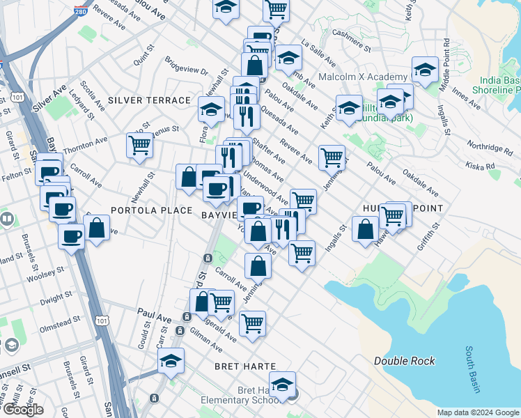 map of restaurants, bars, coffee shops, grocery stores, and more near 1507 Van Dyke Avenue in San Francisco