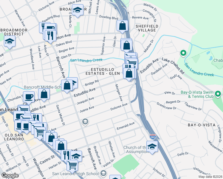 map of restaurants, bars, coffee shops, grocery stores, and more near 860 Joaquin Avenue in San Leandro