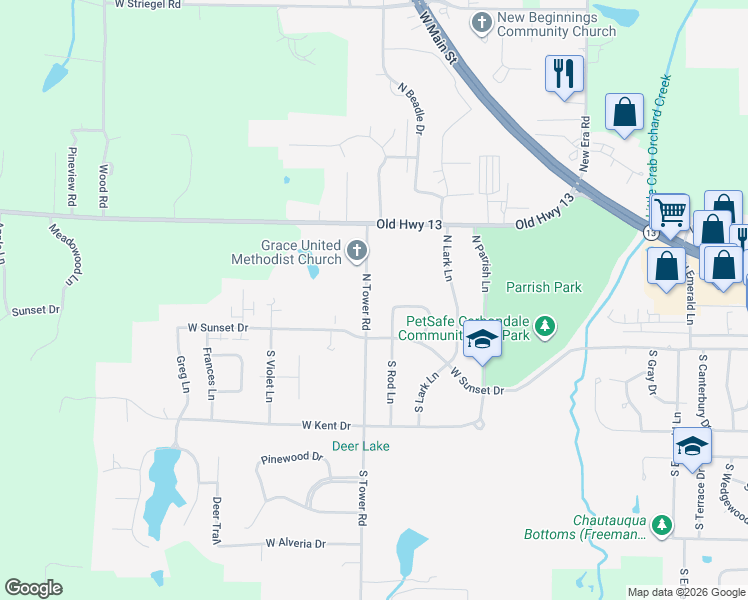 map of restaurants, bars, coffee shops, grocery stores, and more near 100-230 North Tower Road in Carbondale