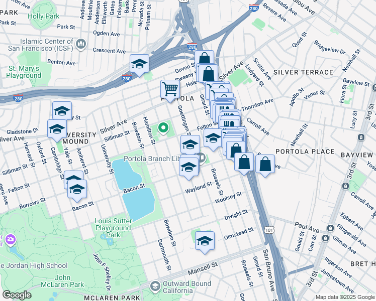 map of restaurants, bars, coffee shops, grocery stores, and more near 428 Burrows Street in San Francisco