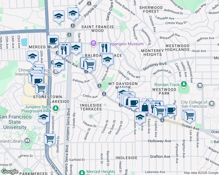 map of restaurants, bars, coffee shops, grocery stores, and more near 57 Westgate Drive in San Francisco
