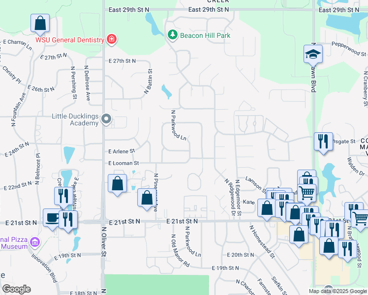 map of restaurants, bars, coffee shops, grocery stores, and more near 5406 East Arlene Street in Wichita