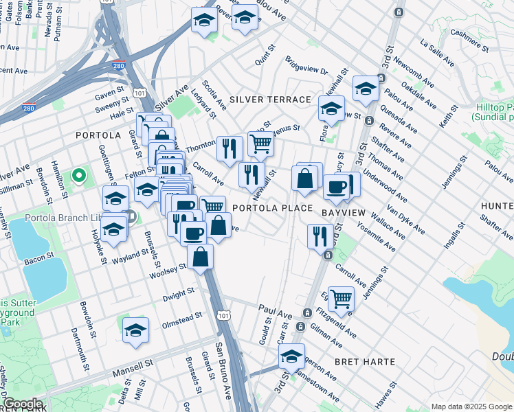 map of restaurants, bars, coffee shops, grocery stores, and more near 2765 Newhall Street in San Francisco