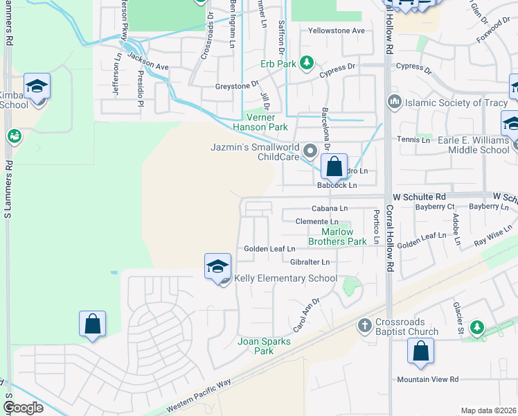 map of restaurants, bars, coffee shops, grocery stores, and more near 2483 West Schulte Road in Tracy