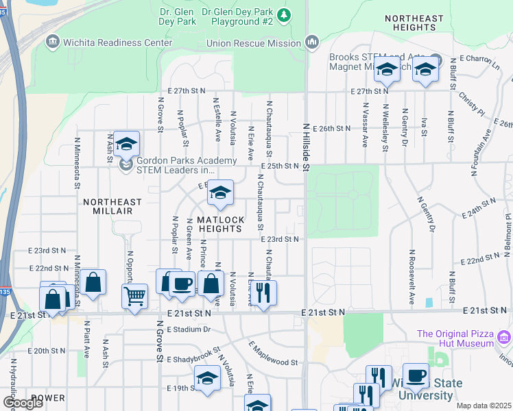 map of restaurants, bars, coffee shops, grocery stores, and more near 2457 North Chautauqua Street in Wichita