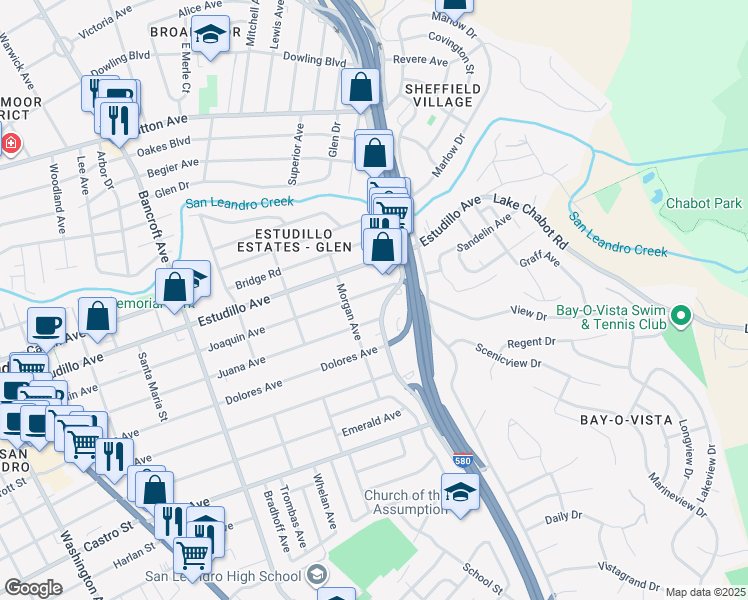 map of restaurants, bars, coffee shops, grocery stores, and more near 959 Joaquin Avenue in San Leandro