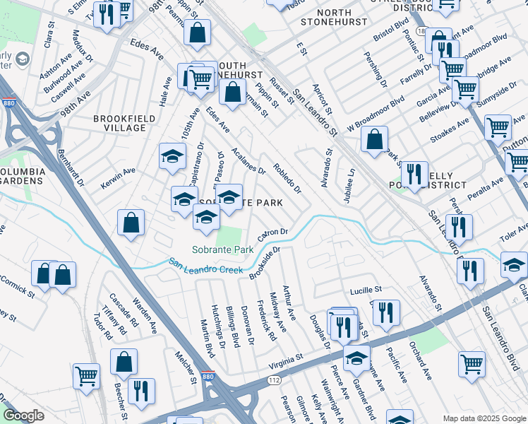map of restaurants, bars, coffee shops, grocery stores, and more near 10945 Estepa Drive in Oakland