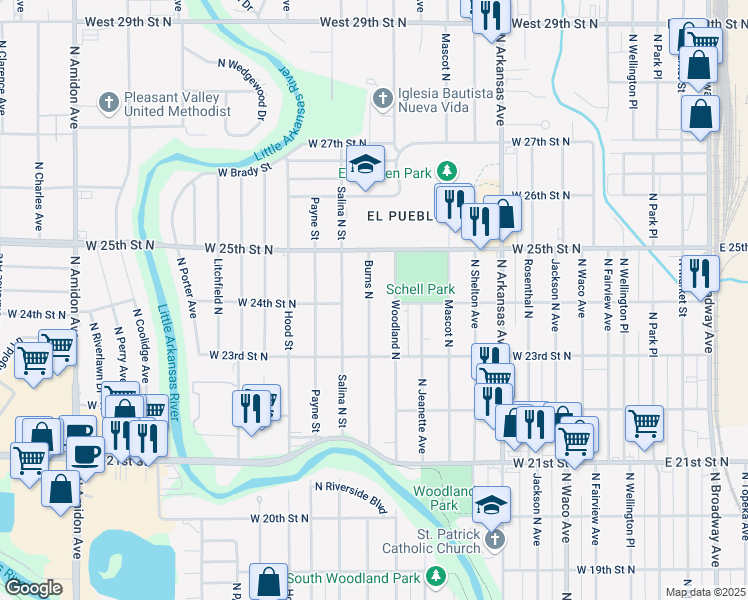 map of restaurants, bars, coffee shops, grocery stores, and more near 2502 Burns North in Wichita