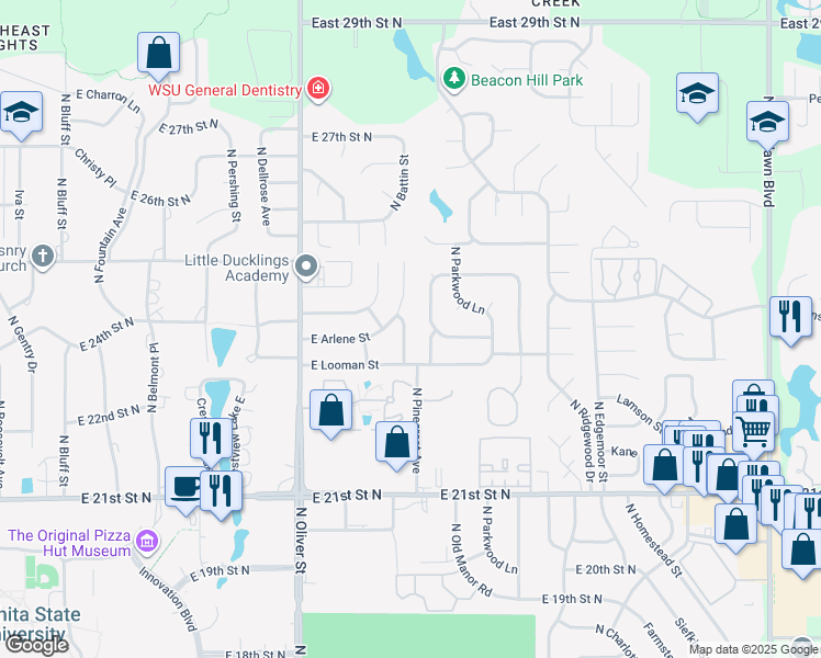 map of restaurants, bars, coffee shops, grocery stores, and more near 2440 North Battin Street in Wichita