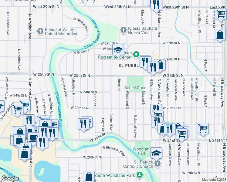 map of restaurants, bars, coffee shops, grocery stores, and more near 2502 Salina North Street in Wichita