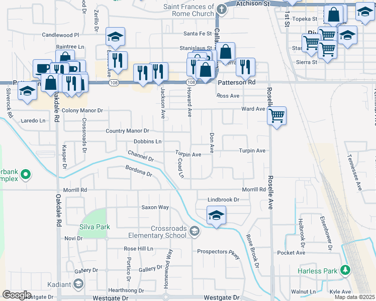 map of restaurants, bars, coffee shops, grocery stores, and more near in Riverbank