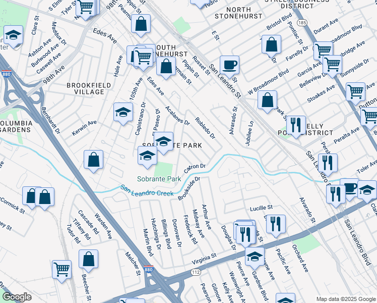 map of restaurants, bars, coffee shops, grocery stores, and more near 10945 Estepa Drive in Oakland