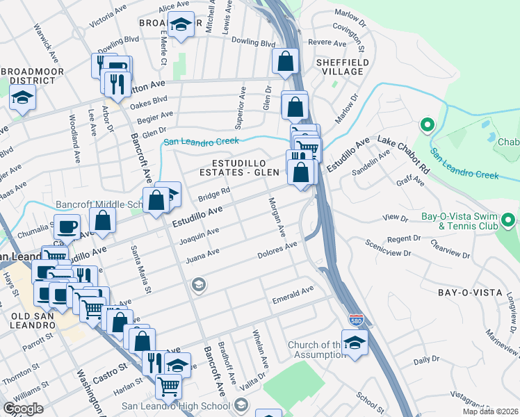 map of restaurants, bars, coffee shops, grocery stores, and more near 860 Joaquin Avenue in San Leandro