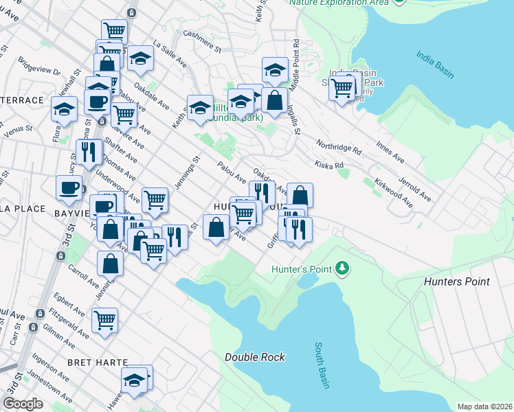 map of restaurants, bars, coffee shops, grocery stores, and more near 1191 Quesada Avenue in San Francisco