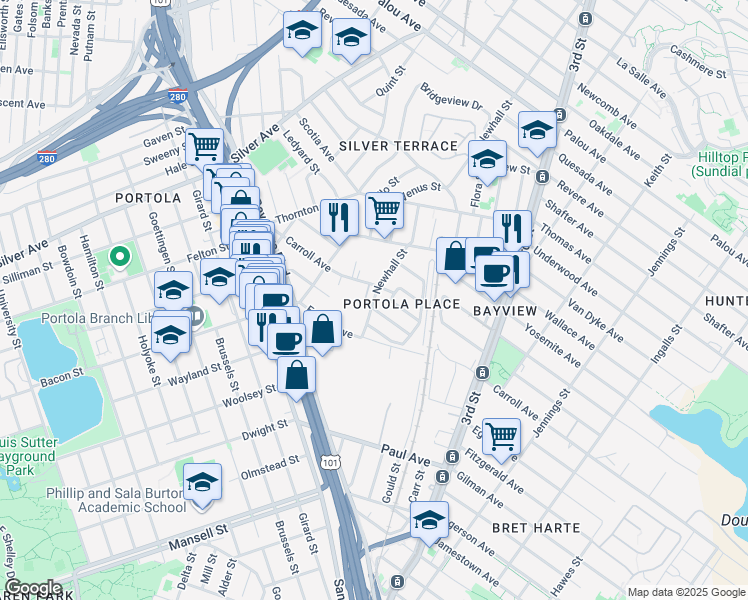 map of restaurants, bars, coffee shops, grocery stores, and more near 2765 Newhall Street in San Francisco