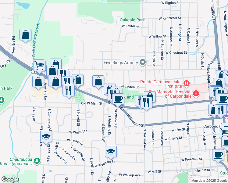 map of restaurants, bars, coffee shops, grocery stores, and more near 107 North Williams Street in Carbondale