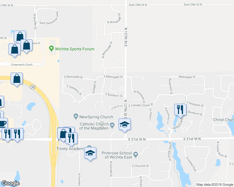 map of restaurants, bars, coffee shops, grocery stores, and more near 2502 North Davin Lane in Wichita