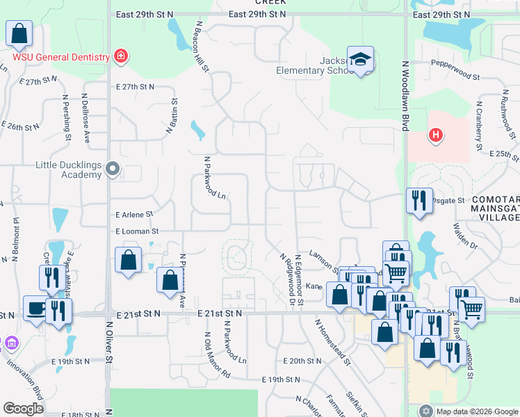 map of restaurants, bars, coffee shops, grocery stores, and more near 2430 North Beacon Hill Street in Wichita