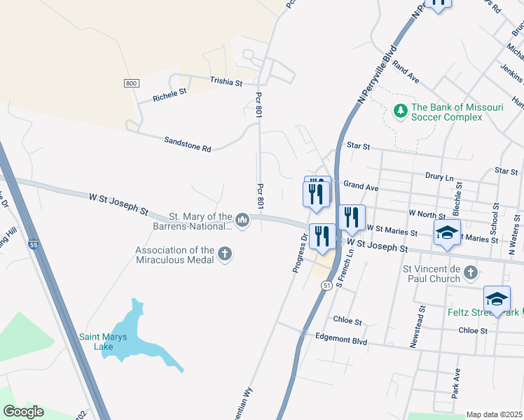 map of restaurants, bars, coffee shops, grocery stores, and more near 17 Sycamore Road in Perryville