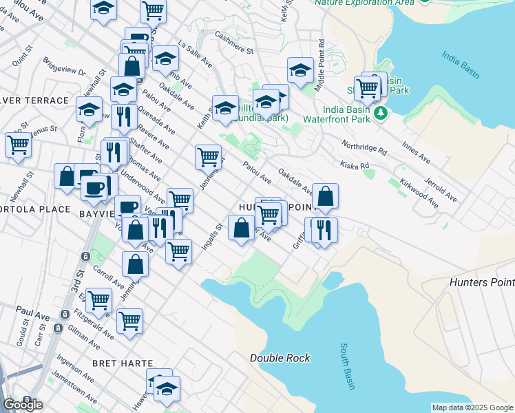 map of restaurants, bars, coffee shops, grocery stores, and more near 1242 Revere Avenue in San Francisco