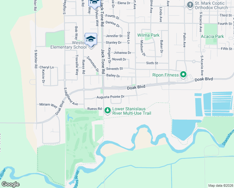 map of restaurants, bars, coffee shops, grocery stores, and more near 1435 Augusta Pointe Drive in Ripon