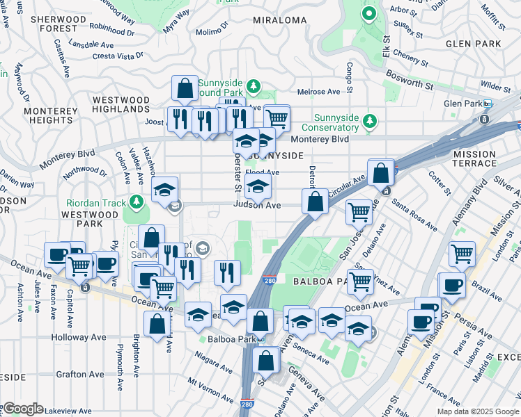 map of restaurants, bars, coffee shops, grocery stores, and more near 253 Judson Avenue in San Francisco