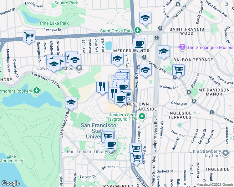 map of restaurants, bars, coffee shops, grocery stores, and more near 372 Winston Drive in San Francisco
