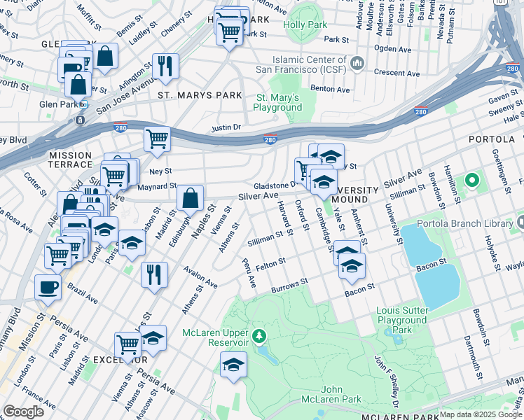 map of restaurants, bars, coffee shops, grocery stores, and more near 400 Pioche Street in San Francisco