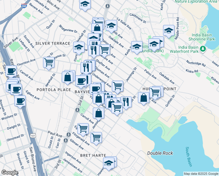 map of restaurants, bars, coffee shops, grocery stores, and more near 1465 Underwood Avenue in San Francisco