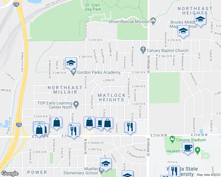 map of restaurants, bars, coffee shops, grocery stores, and more near 2428 North Estelle Street in Wichita