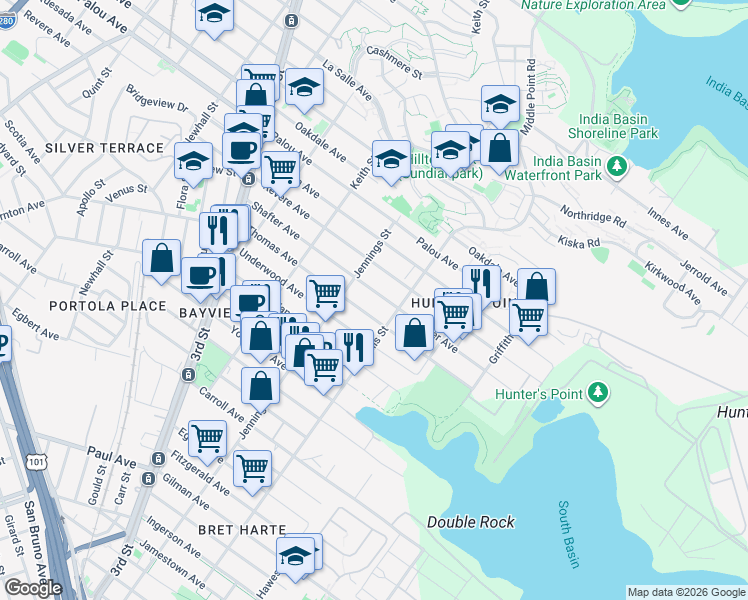 map of restaurants, bars, coffee shops, grocery stores, and more near 1347 Shafter Avenue in San Francisco