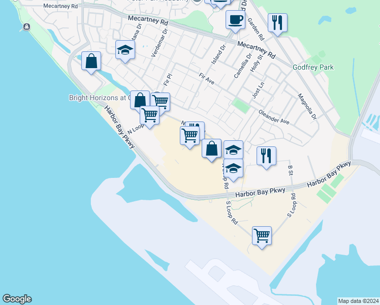 map of restaurants, bars, coffee shops, grocery stores, and more near 1960 North Loop Road in Alameda
