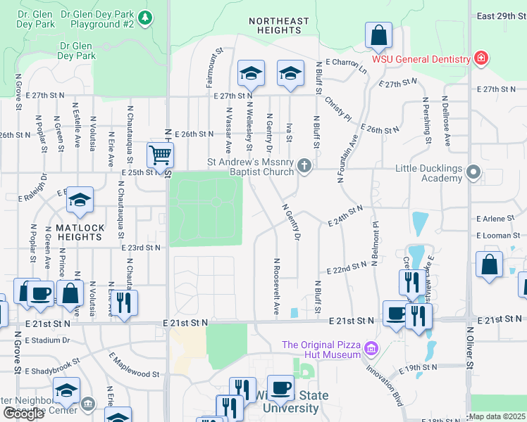 map of restaurants, bars, coffee shops, grocery stores, and more near 1745 North Roosevelt Court in Wichita