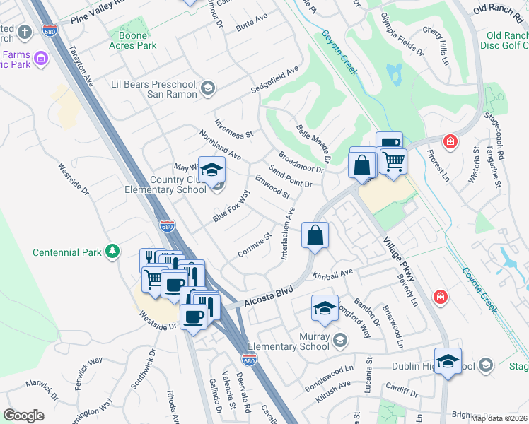 map of restaurants, bars, coffee shops, grocery stores, and more near 9564 Brockton Avenue in San Ramon