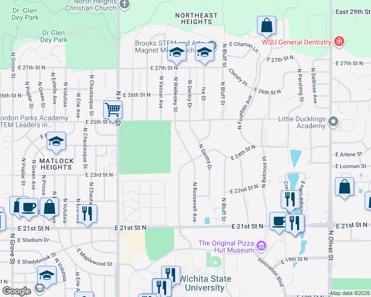 map of restaurants, bars, coffee shops, grocery stores, and more near 1747 North Roosevelt Court in Wichita