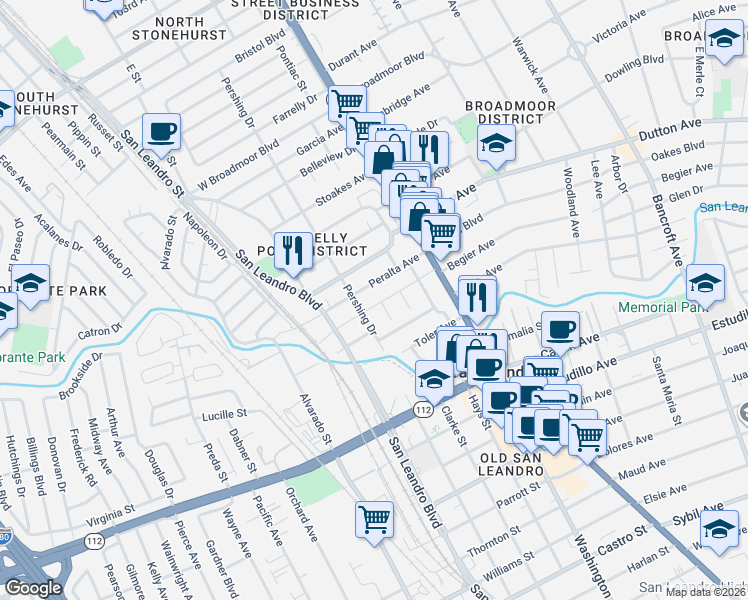 map of restaurants, bars, coffee shops, grocery stores, and more near 251 Lorraine Boulevard in San Leandro
